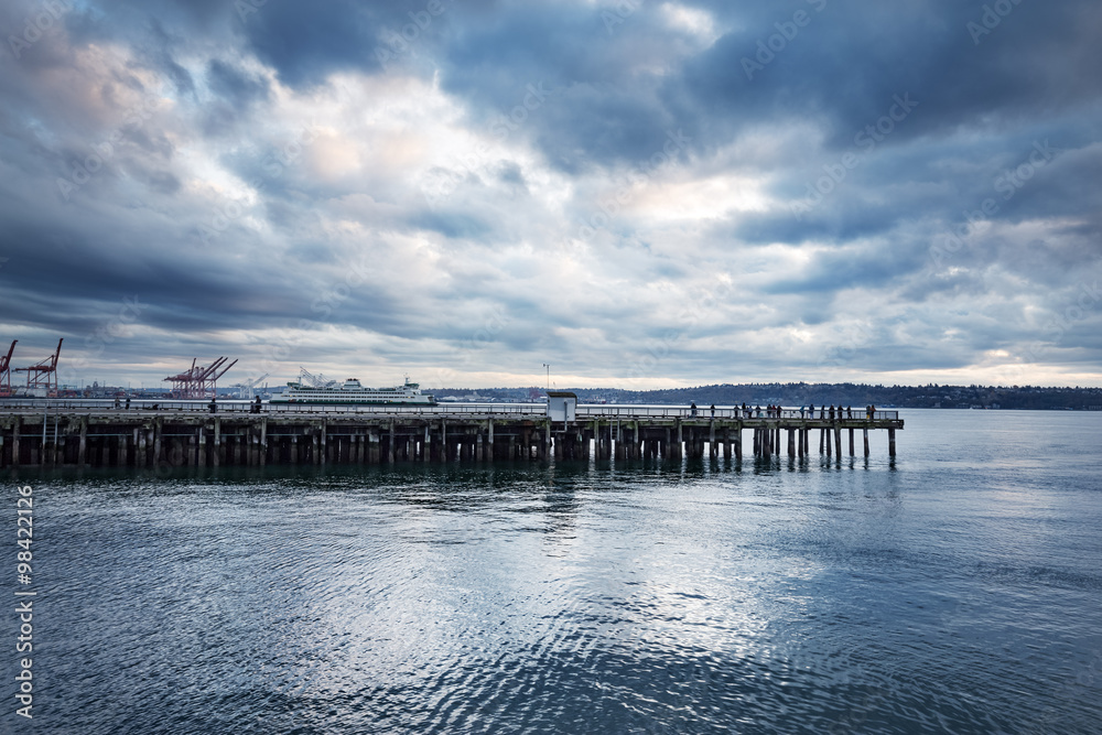 wooden dock on the sea in cloudy sky