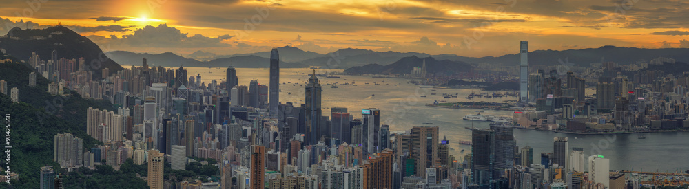 Sunrise over Hong kong and Kowloon city