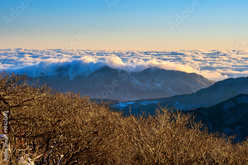 Seoraksan mountains is covered by morning fog and sunrise in Seo