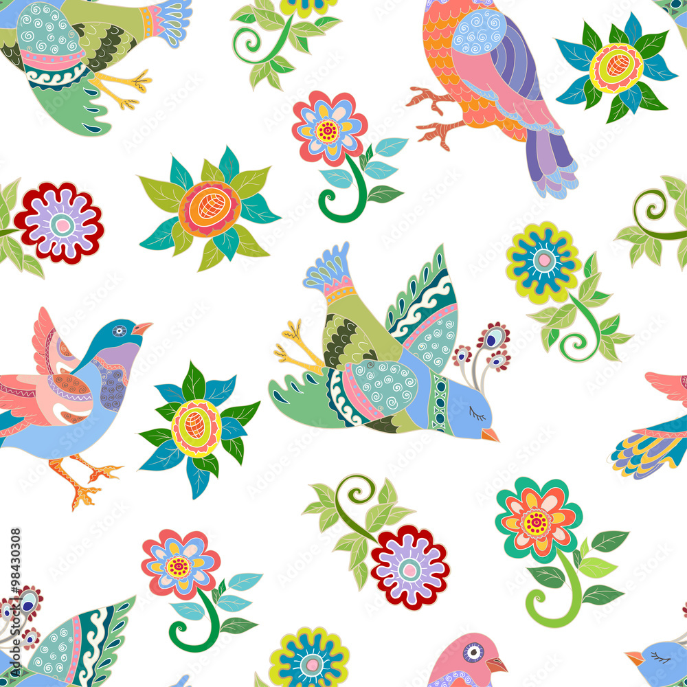 Seamless pattern with folk birds
