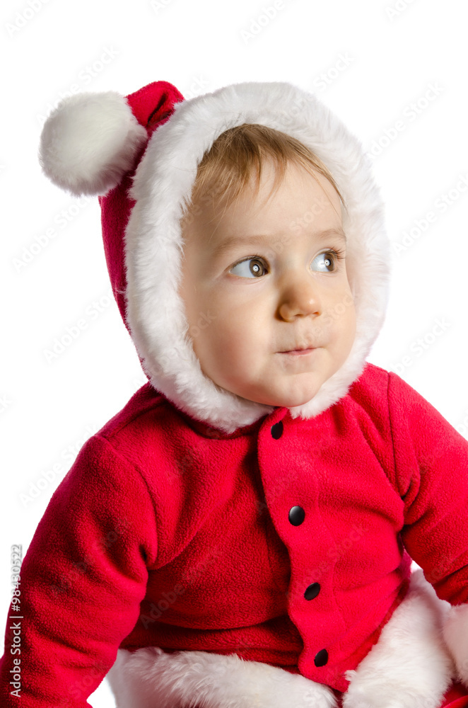 Funny baby in Santa Claus clothes on white background Funny baby in Santa Claus clothes on white background