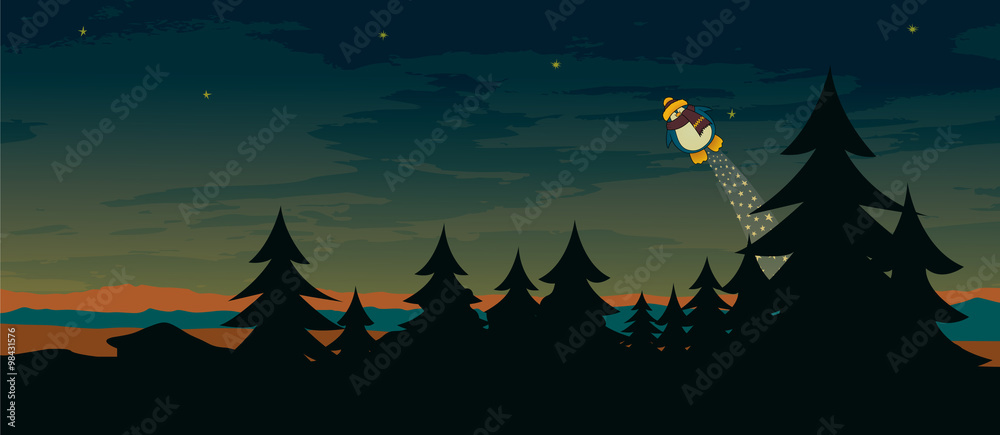 Night scene landscape illustration with cute flying penguin.Horizontal banner design