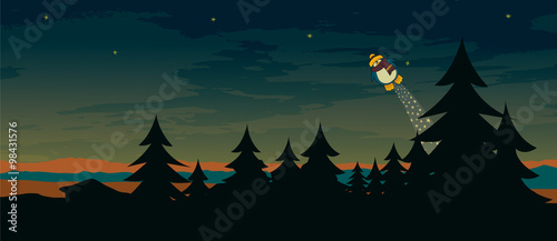 Night scene landscape illustration with cute flying penguin.Horizontal banner design © mangulica