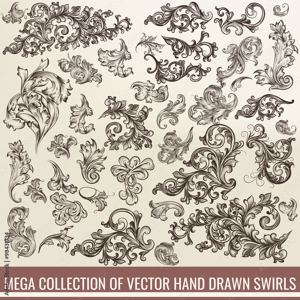 Fototapeta premium Collection of vector hand drawn flourishes in engraved style. Me