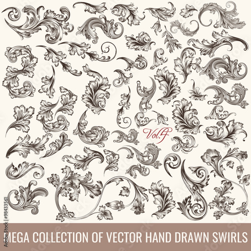Collection of vector hand drawn flourishes in engraved style. Me