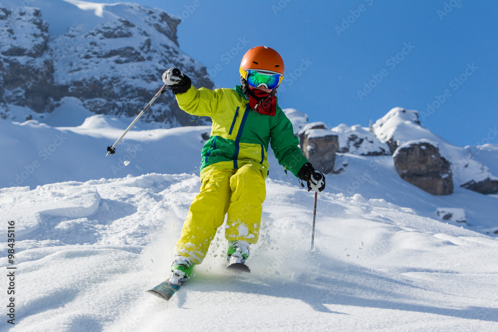Switzerland, Grisons, Obersaxen, Boy skiing Switzerland, Grisons, Obersaxen, Boy skiing