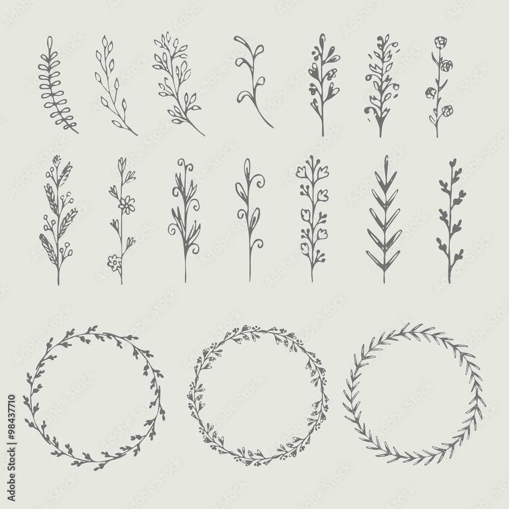 Circle floral borders, wreaths, frames. Sketch elements, hand-drawn with ink. Vector illustration Circle floral borders, wreaths, frames. Sketch elements, hand-drawn with ink. Vector illustration