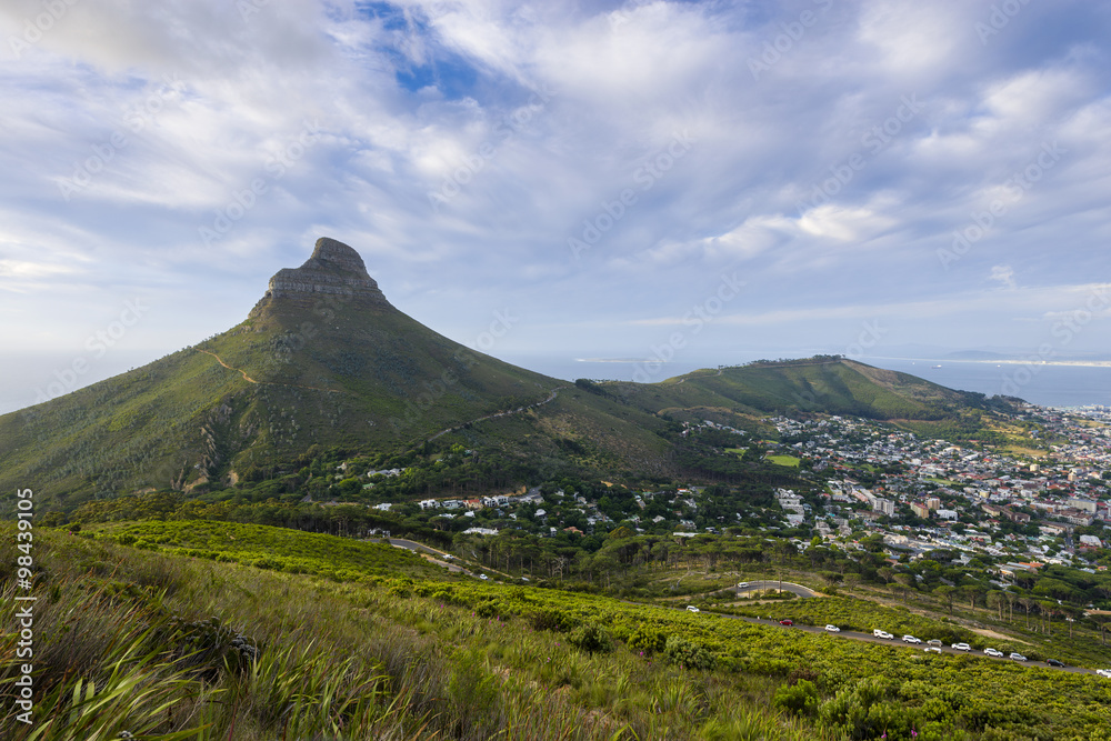 Cape Town's Lion's Head Mountain Peak landscape seen from Table Mountain tourist hike