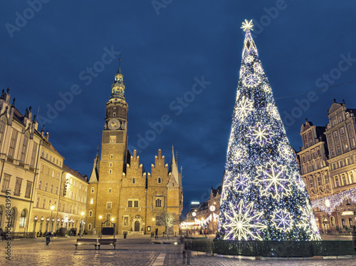 Christmas time at evening on market square in Wroclaw, Poland