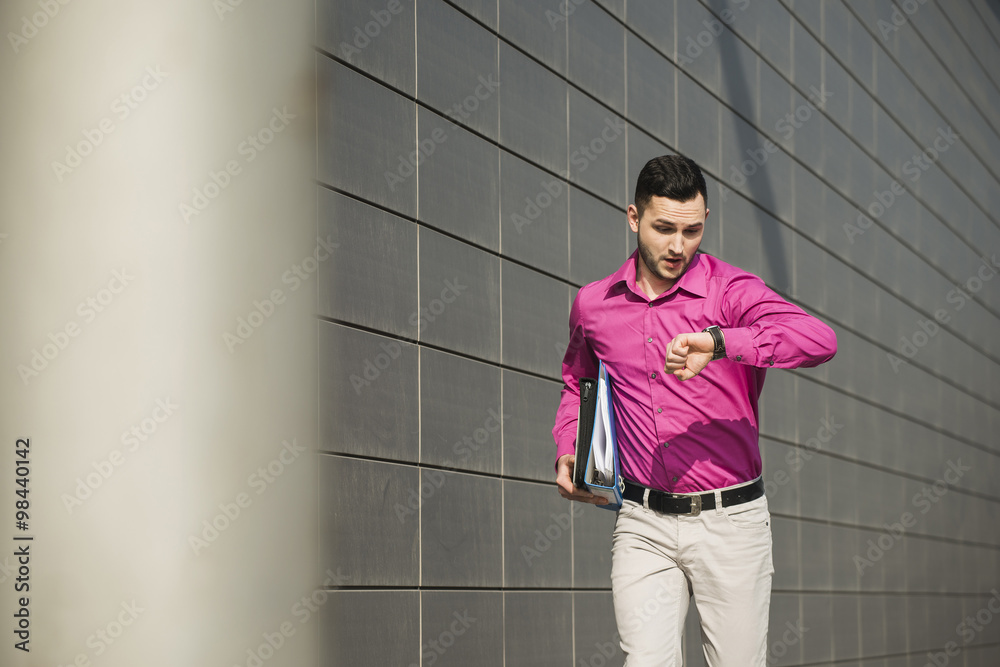 Portrait of running businessman in hurry Portrait of running businessman in hurry