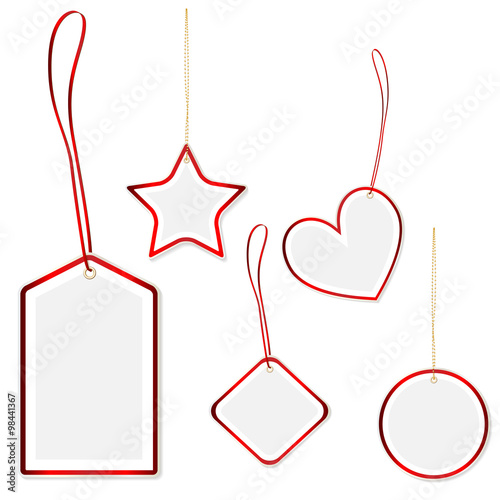 Collection of hanging price tags with red border