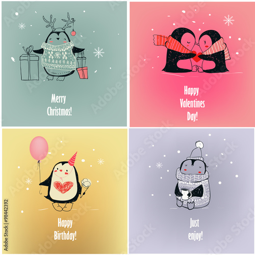 set of greeting cards with cute penguins