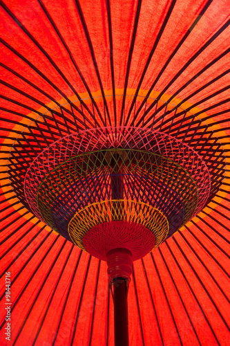 Red waxed paper and bamboo umbrella in a temple garden, Kyoto, Japan