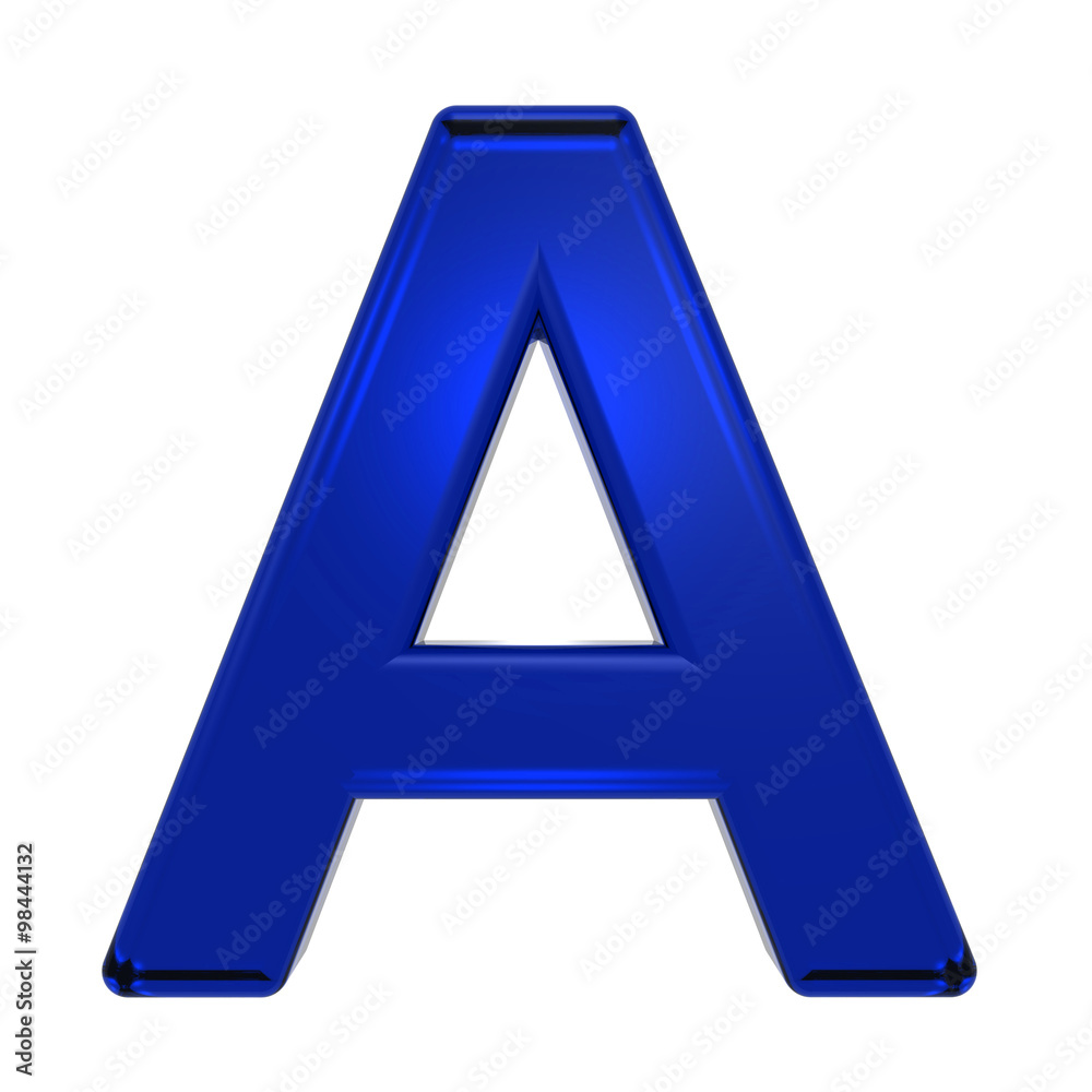 One letter from blue glass alphabet set, isolated on white. Computer generated 3D photo rendering. One letter from blue glass alphabet set, isolated on white. Computer generated 3D photo rendering.