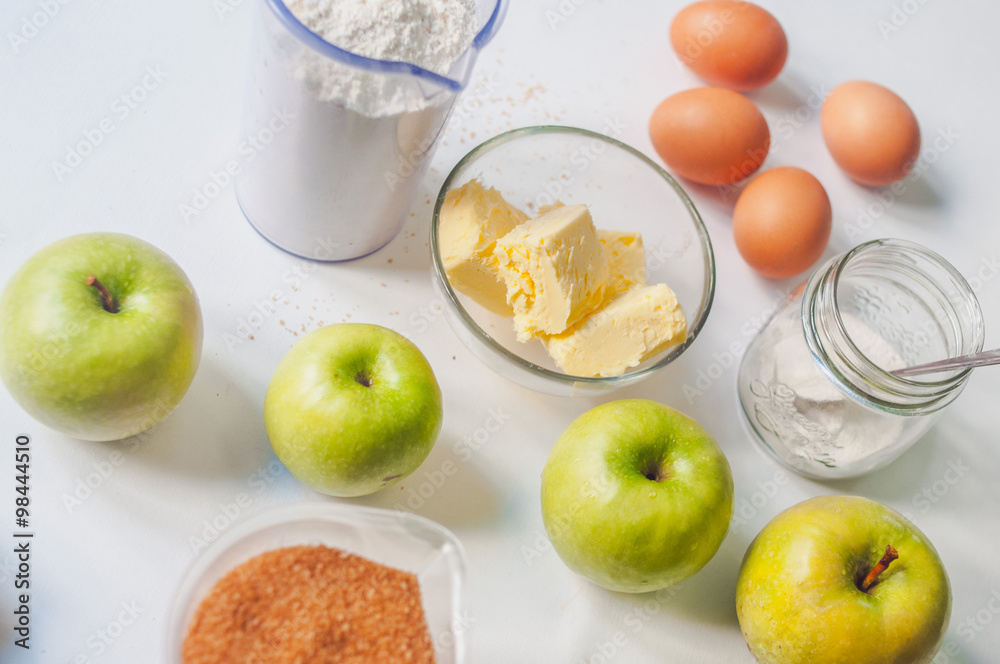 Apple pie ingredients on white Apple pie ingredients on white