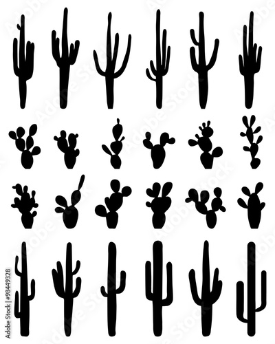 Black silhouettes of different cactus, vector