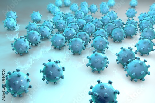 Background with viruses. Microscopic view of influenza virus, Coronavirus, herpes, HIV, adenovirus, model of virus which causes flu, common cold, SARS and MERS, Middle East Respiratory Syndrome © Dr_Microbe