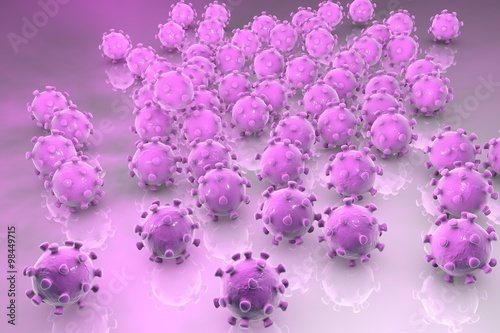 Background with viruses. Microscopic view of influenza virus  Coronavirus  herpes  HIV  adenovirus  model of virus which causes flu  common cold  SARS and MERS  Middle East Respiratory Syndrome
