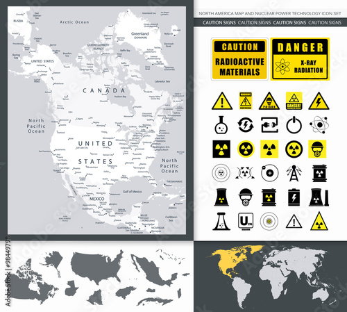 North America Map And Nuclear Power Technology Icon Set
