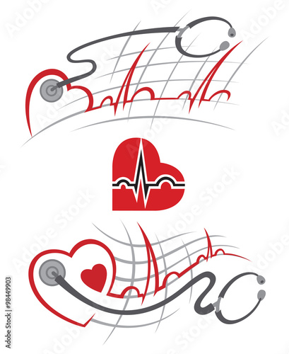 set of illustration with electrocardiogram and stethoscope
