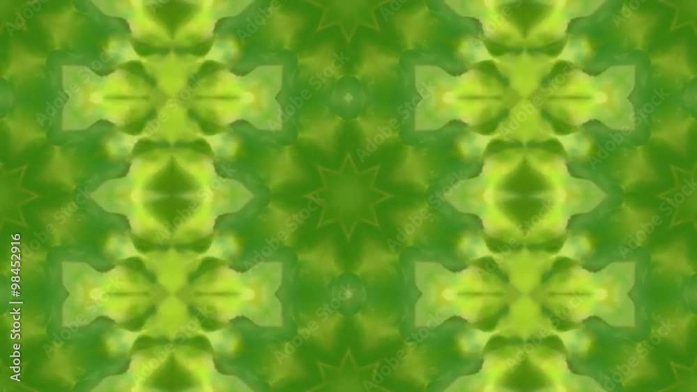 Fresh green and orange kaleidoscopic pattern in eco style. Ornate meditative and hypnotic texture. Abstract fractal animation. Loopable. Full HD footage 1920x1080

