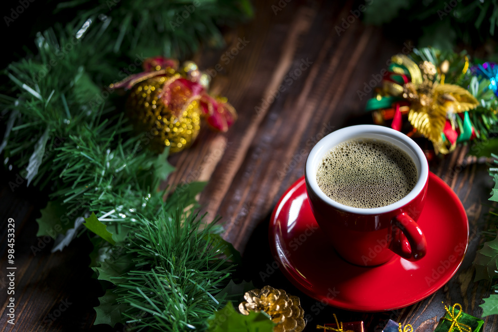 Cup of coffee with Christmas decorations. Cup of coffee with Christmas decorations.