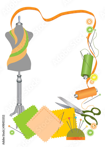 Thread, needles, scissors and other accessories for sewing. Vector illustration