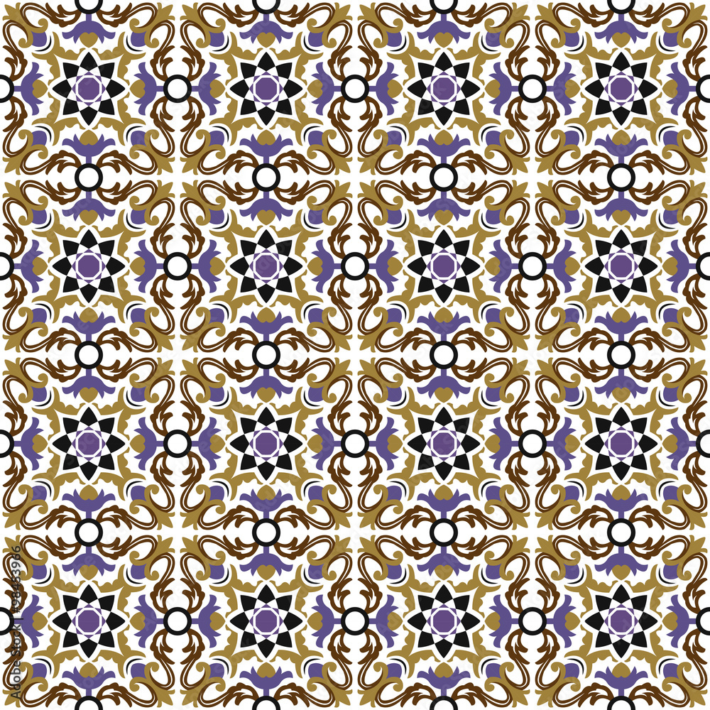 Seamless background image of vintage spiral purple brown flower kaleidoscope pattern.
