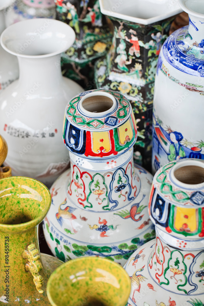 Decorated pottery on Panjiayuan Market, Beijing, China