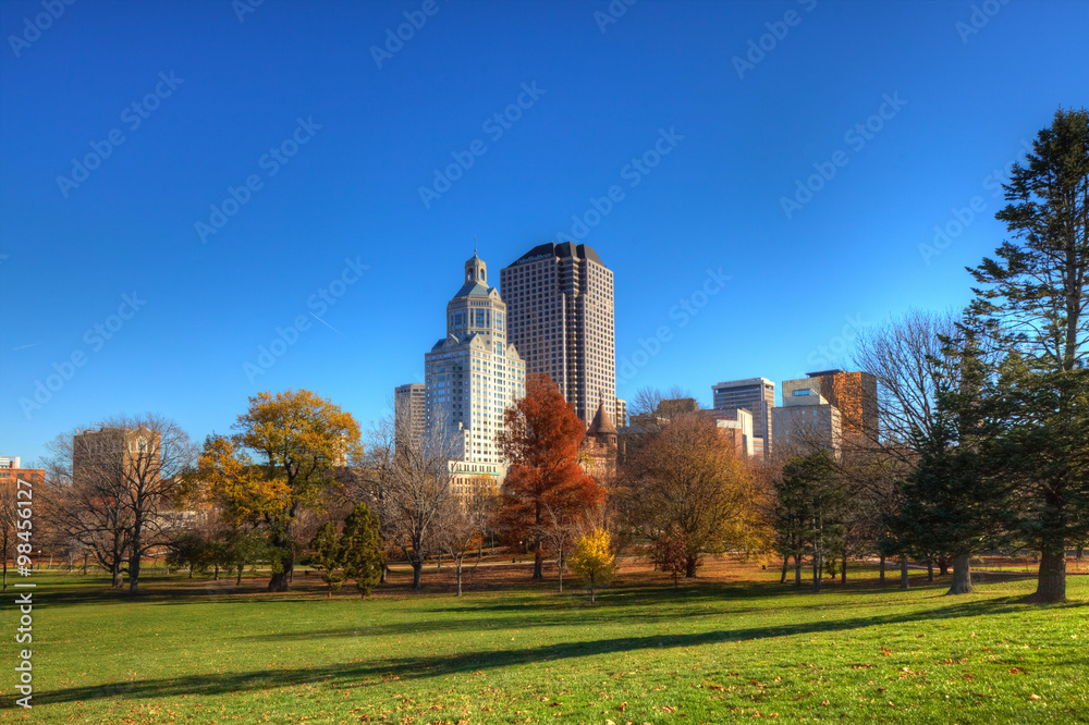 Hartford, Connecticut skyline with Bushnell park in foreground Hartford, Connecticut skyline with Bushnell park in foreground