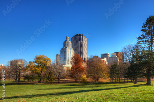 Hartford, Connecticut skyline with Bushnell park in foreground photo