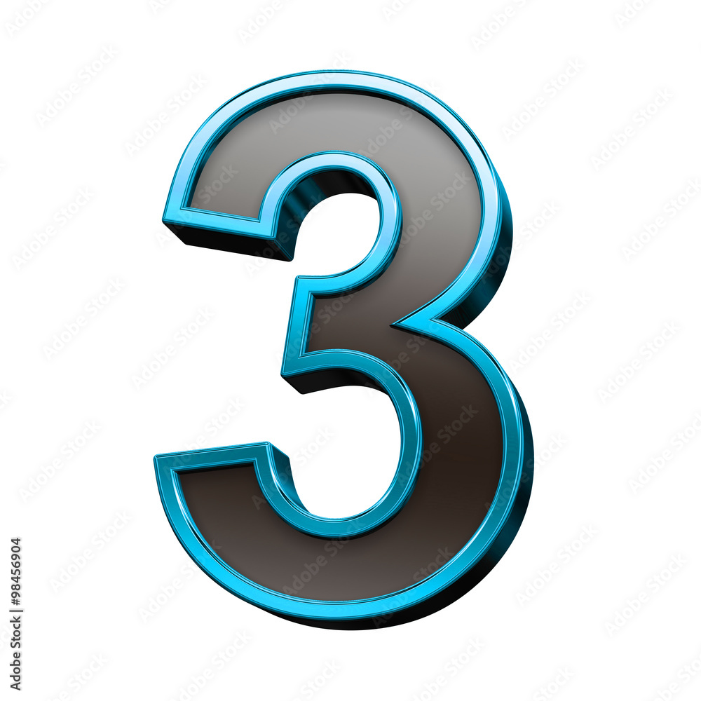 Naklejka premium One digit from black with blue shiny frame alphabet set, isolated on white. Computer generated 3D photo rendering.