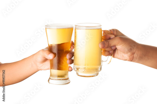 beer with hand making toast isolated on white background