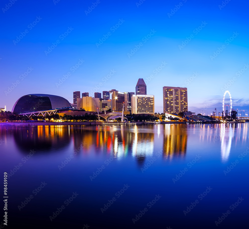 Naklejka premium Singapore city at night with reflection
