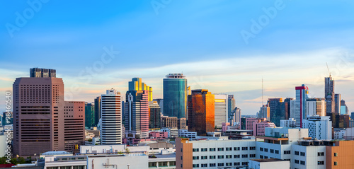 Panorama of Bangkok Cityscape in twilight, Business district wit