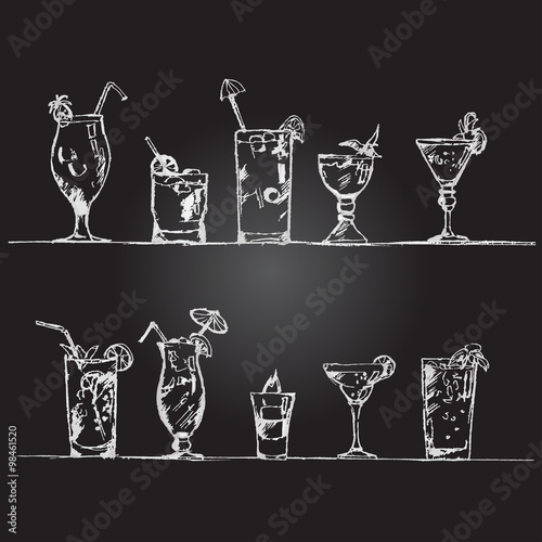Vector set of cocktail glasses in the style of chalk on a blackboard