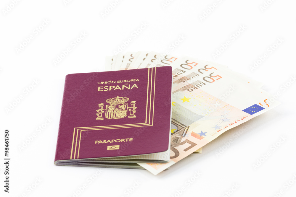 Spanish passport with european union currency in a wallet and map as a background
Spanish passport with european union currency in a wallet and map as a background