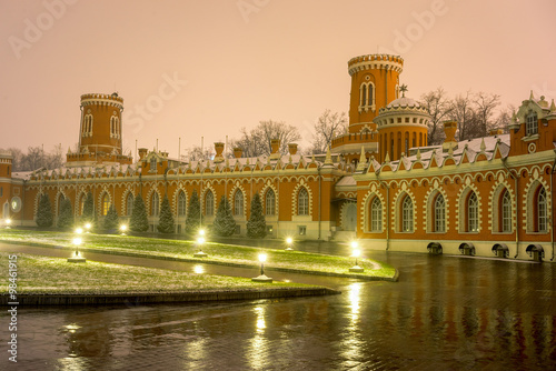 Petrovsky travelling palace, neoghotic red bricked architecture at night.