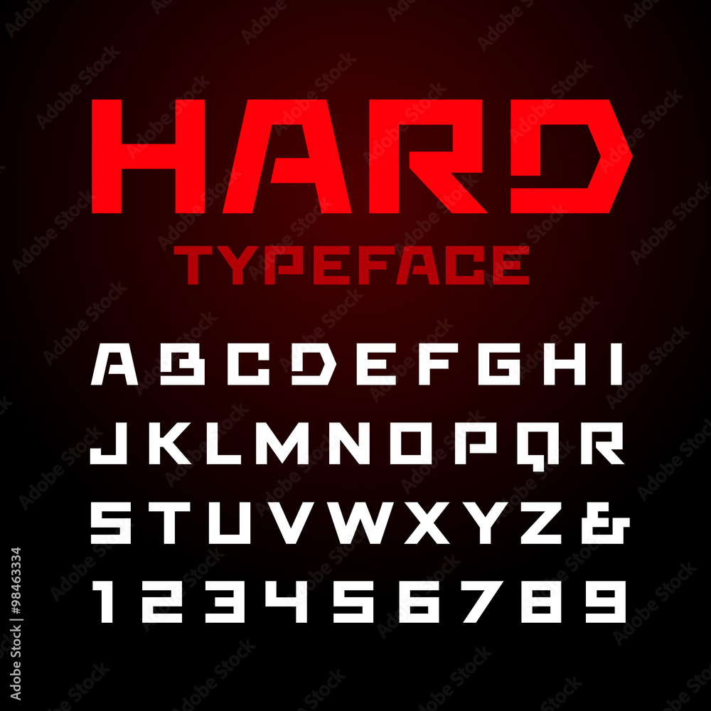 Hard font. Vector alphabet with latin letters and numbers.