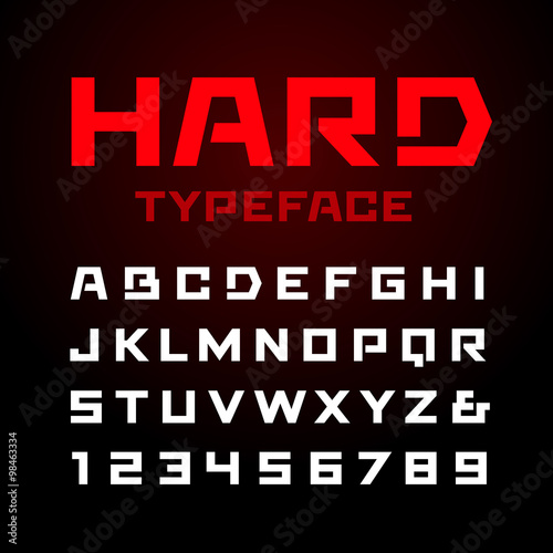 Hard font. Vector alphabet with latin letters and numbers.
