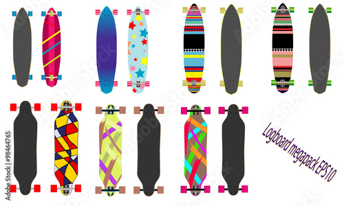 Longboard isolated white background. Mega pack.