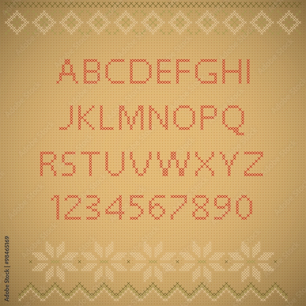 Background embroidery texture. English alphabet with numbers. Ve