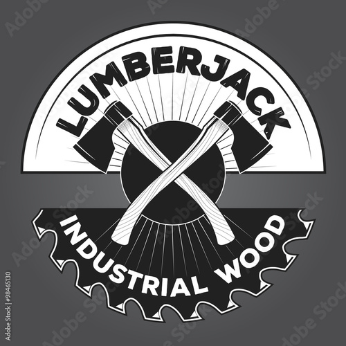 Vintage lumberjack label, emblem and design elements. Two axes with text. Forestry logo label for different projects, cards, invitations. Lumberjack monochrome illustration about timber and wood.