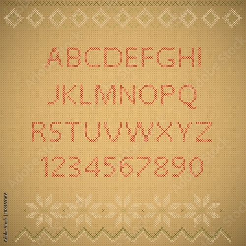 Background embroidery texture. English alphabet with numbers. Ve