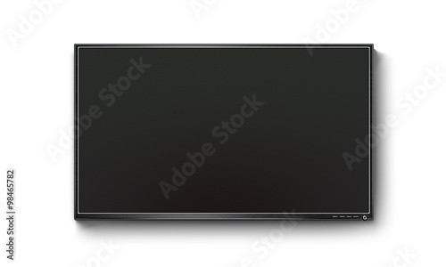 Black TV flat screen, plasma realistic illustration, tv mock up on the wall. Black HD led monitor mockup. Flatscreen panel stand isolated on white background. Show presentation on flat display set.
