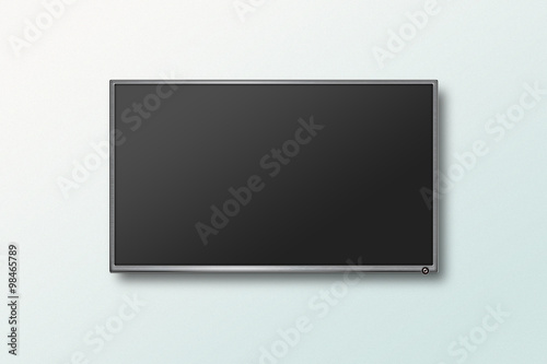 TV flat screen lcd on the wall, plasma realistic illustration. Black HD monitor mock up. Modern multimedia panel with black screen. Good way to show your business presentation on flat display.