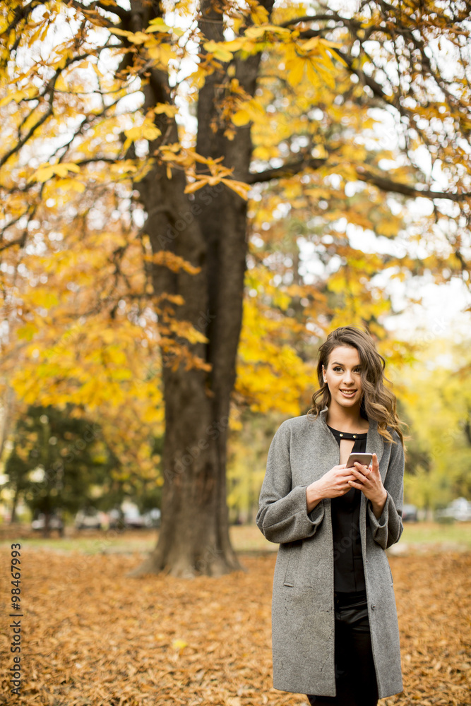 Young woman with mobile phone in autumn park Young woman with mobile phone in autumn park