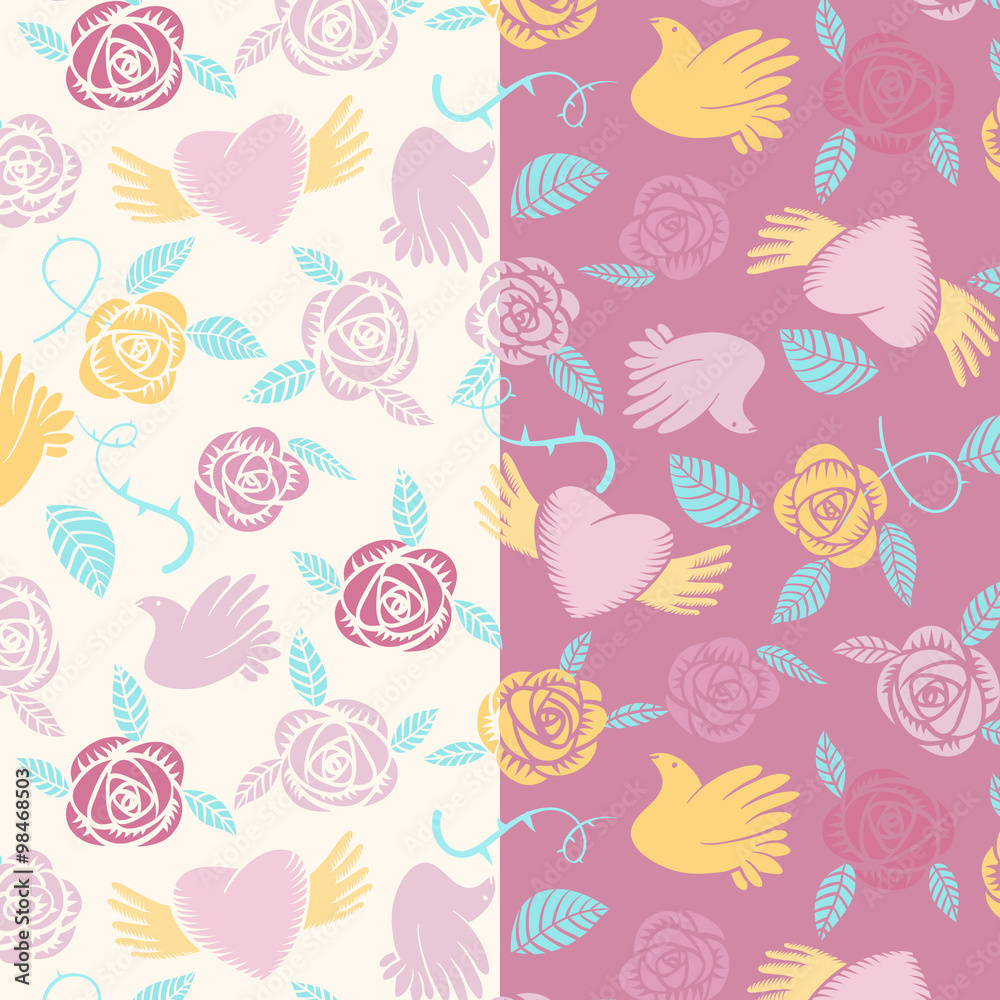 Vectorial valentine seamless pattern of flowers with birds and hearts on a transparent background
