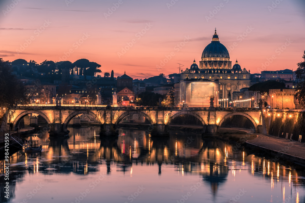 Fototapeta premium Rome, Italy: St. Peter's Basilica and Saint Angelo Bridge