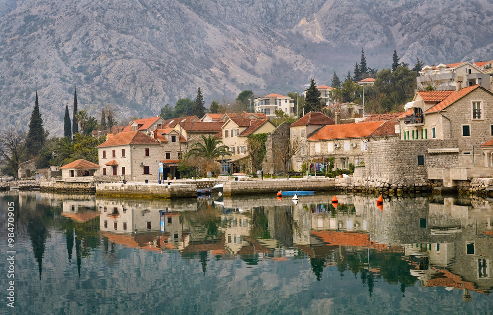 Orohovach village on the shore of the Bay of Kotor, Adriatic Sea, Montenegro